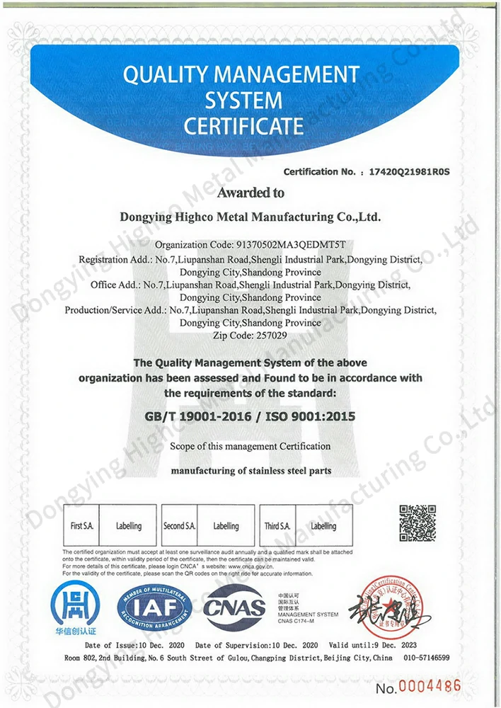 stainless steel handrail fittings Supplier Quality Management System Certificate